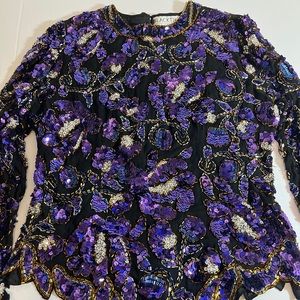 Vintage 80's Black Tie Oleg Cassini Women Medium Purple Silver Sequin Blouse